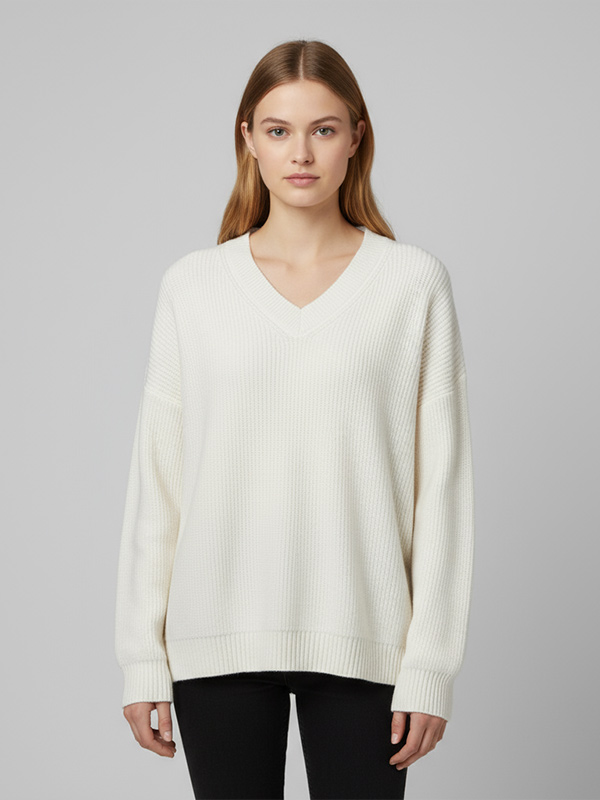 Женский свитер оверсайз в рубчик цвета слоновой кости с V-образным вырезом в рубчик - Универсальная одежда для повседневной жизни на заказ