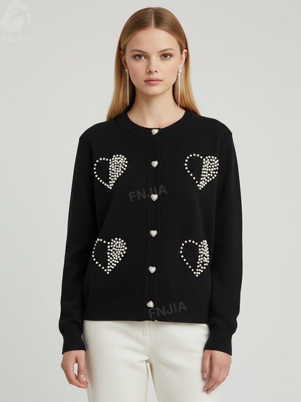 Женский черный вязаный кардиган с жемчужными сердечками - Игривая одежда на заказ