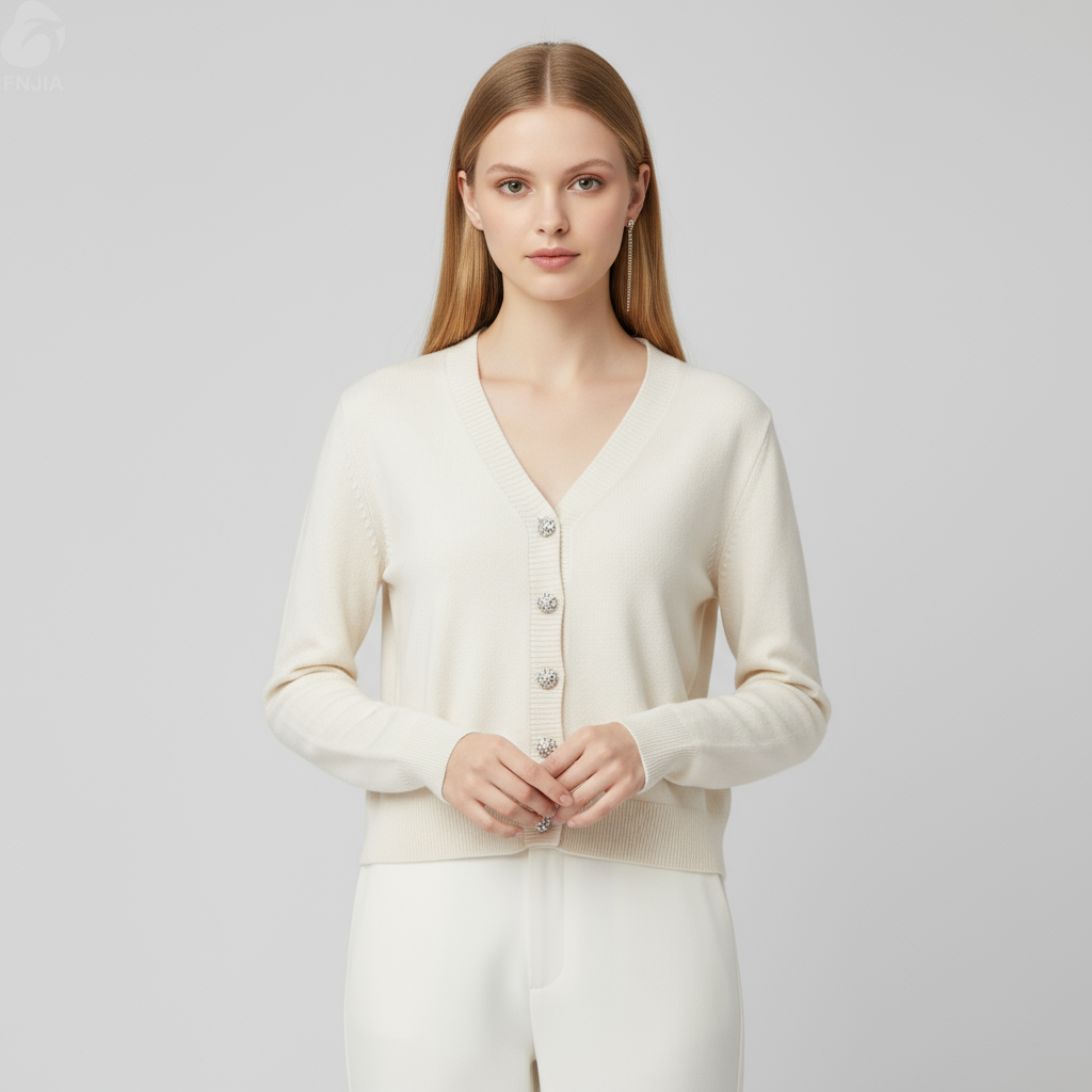 Женский кремовый укороченный вязаный кардиган с V-образным вырезом и украшенными пуговицами