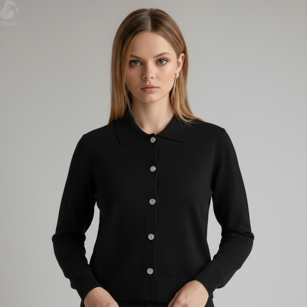 Женский черный укороченный вязаный кардиган-поло с воротником-стойкой - Элегантная повседневная одежда на заказ