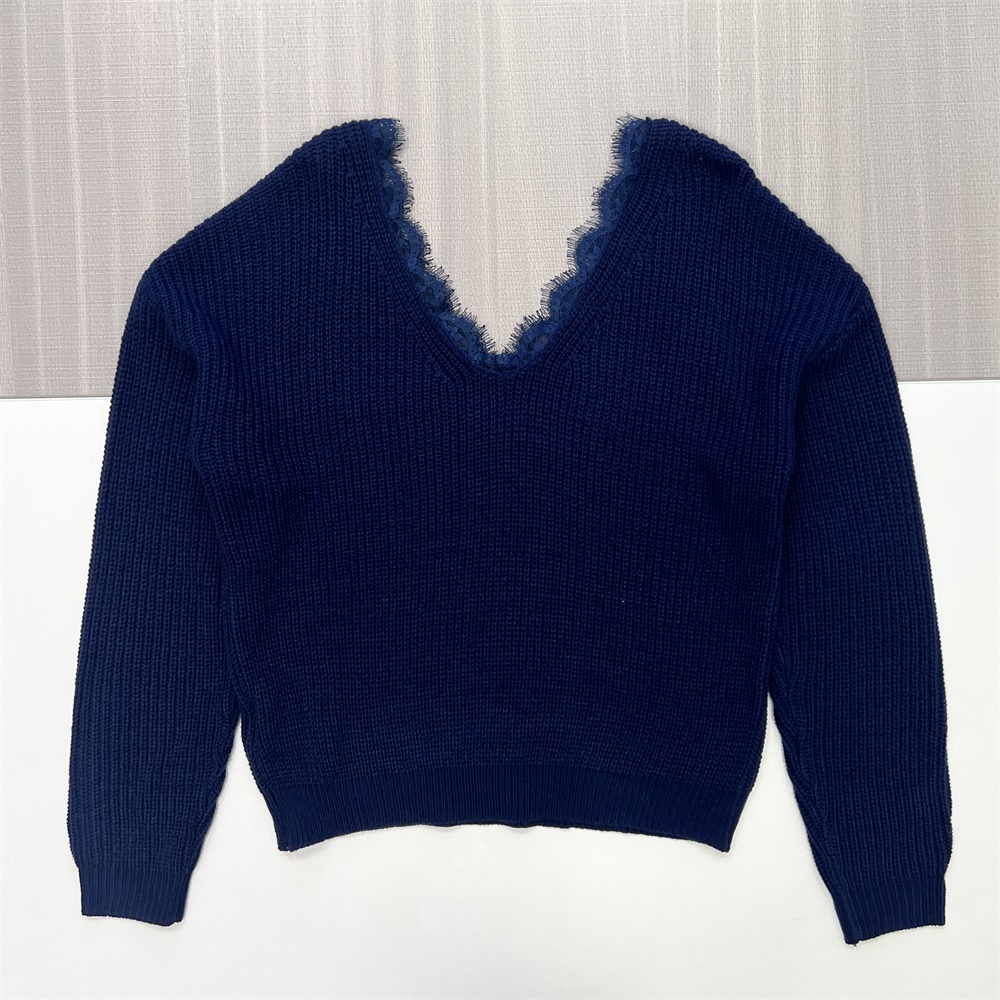 Женский темно-синий свитер в рубчик с V-образным вырезом и кружевной отделкой - Женская повседневная одежда на заказ