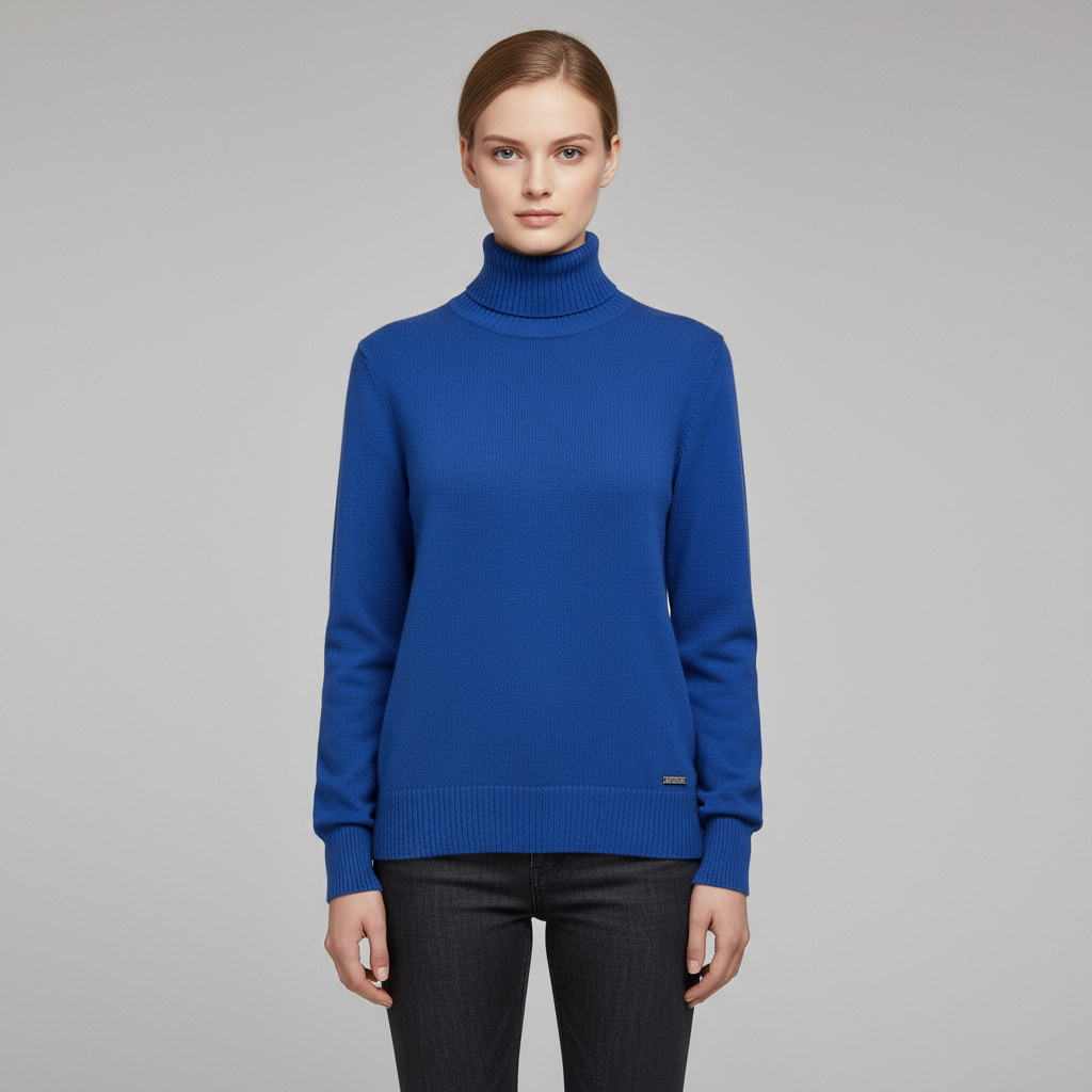 Женский приталенный свитер-водолазка королевского синего цвета с тонким воротником и фирменной надписью - классическая смелая одежда на заказ