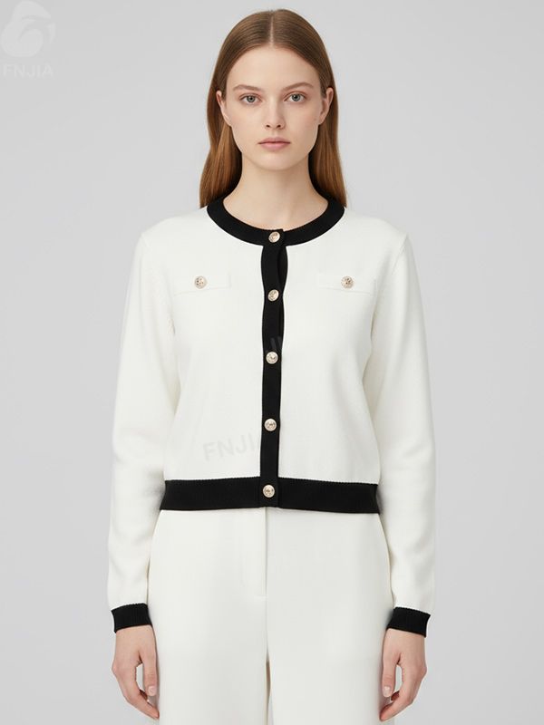 Женский вязаный кардиган с контрастной отделкой белого и черного цветов (в стиле Шанель) - Элегантная одежда для повседневного использования на заказ