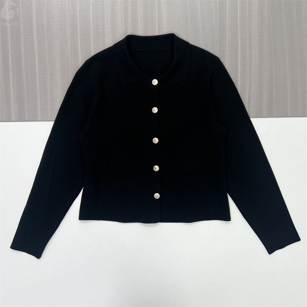 Женский черный укороченный вязаный кардиган-поло с воротником-стойкой - Элегантная повседневная одежда на заказ