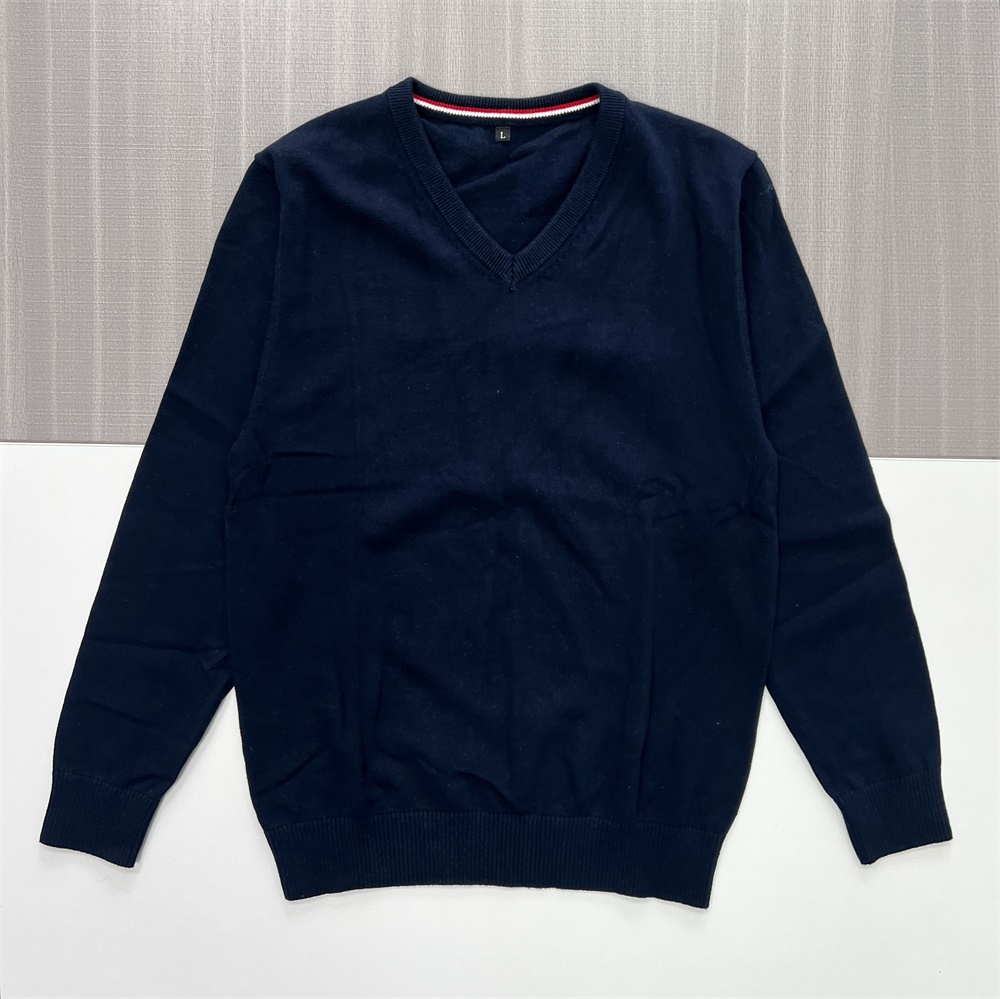 Женский вязаный свитер темно-синего цвета с V-образным вырезом и длинными рукавами - Классическая элегантная повседневная одежда на заказ