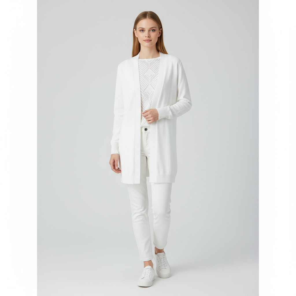 Женский белый кардиган удлиненной вязки с открытой передней частью и рисунком сзади