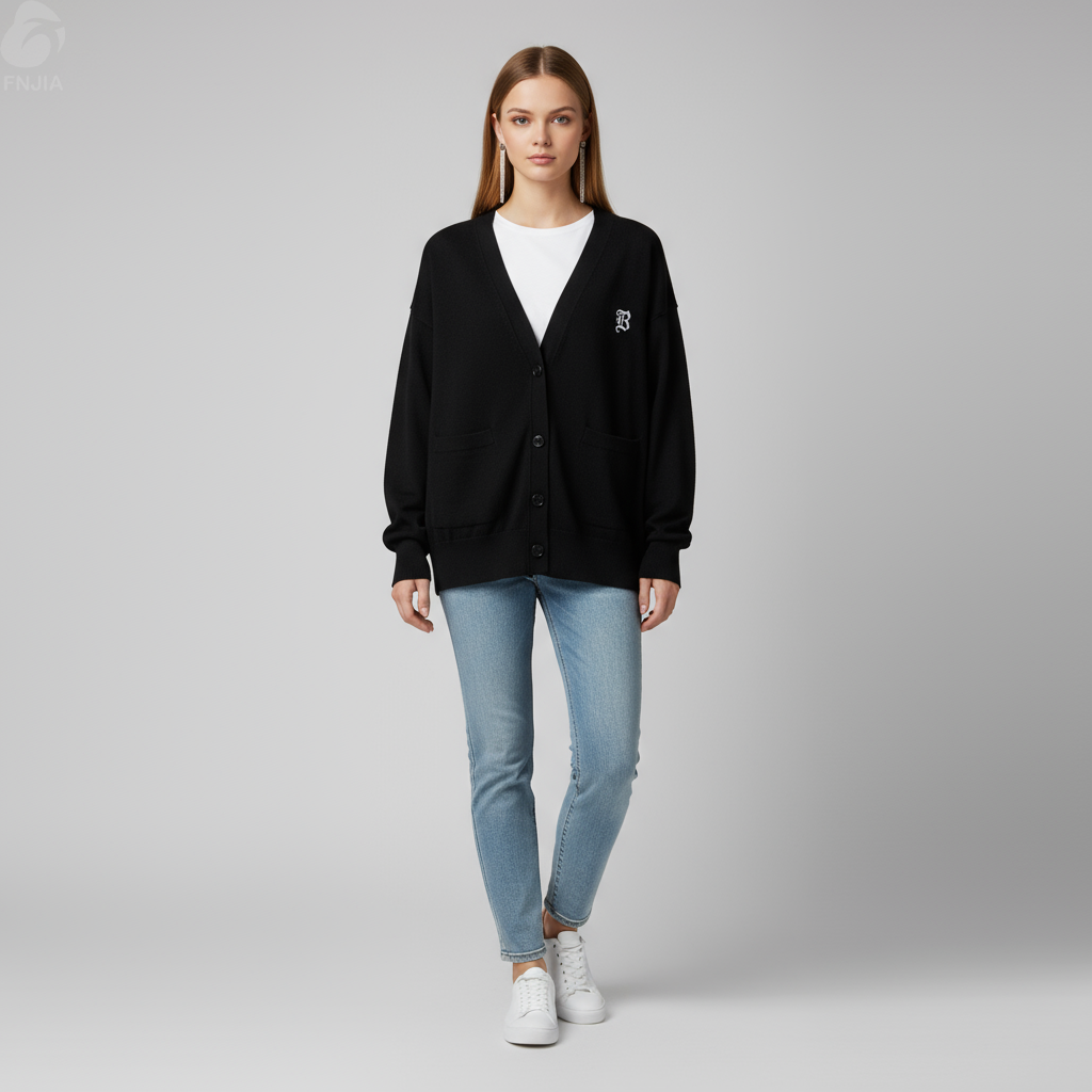 Женский вязаный кардиган с вышитым логотипом и V-образным вырезом черного цвета - Индивидуальная минималистичная брендовая одежда