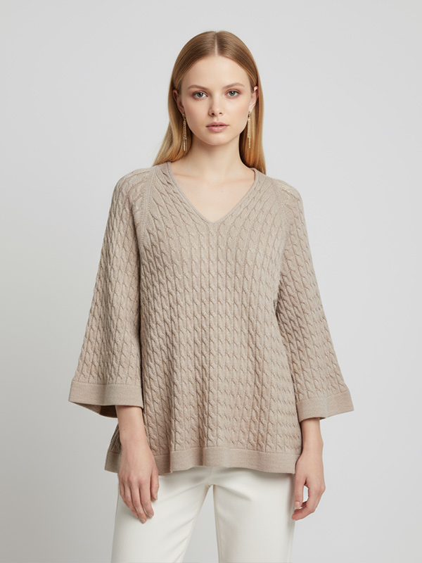 Женский бежевый свитер вязаный крючком с V-образным вырезом и расклешенными рукавами - Элегантная повседневная одежда на заказ