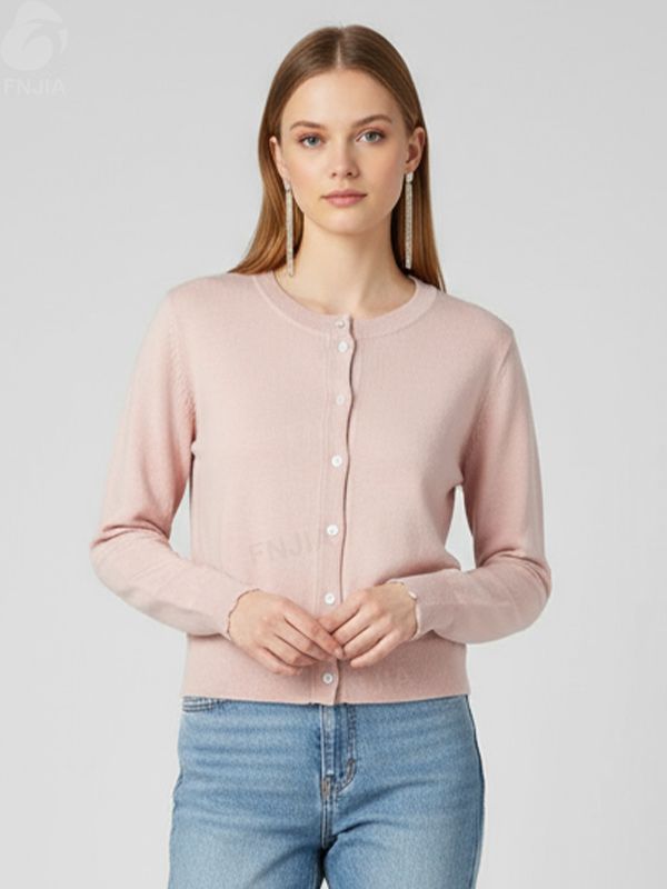 Женский приталенный кардиган розового цвета с круглым вырезом горловины - Индивидуальная многослойная одежда в стиле минимализма