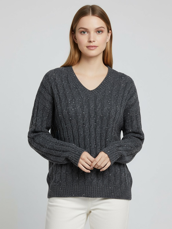 Женский свитер из блестящей вязки с V-образным вырезом цвета древесного угля - Элегантная повседневная одежда с блестками на заказ