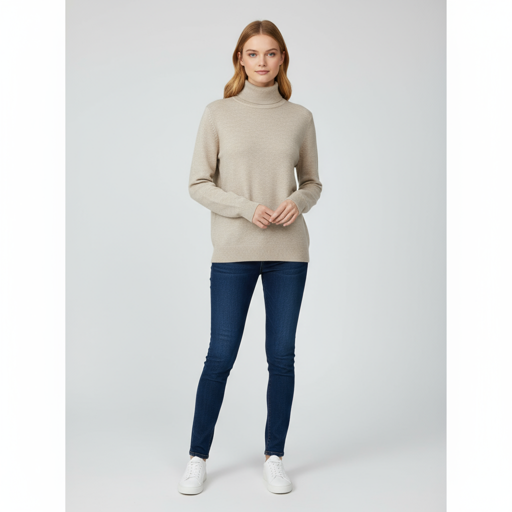 Женский бежевый свитер-водолазка классического покроя с высоким воротом - неподвластная времени одежда, сшитая на заказ