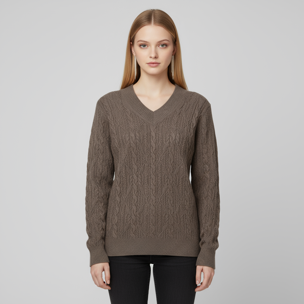 Женский темно-серый свитер сложной вязки с V-образным вырезом - Стильная повседневная одежда с необычной текстурой