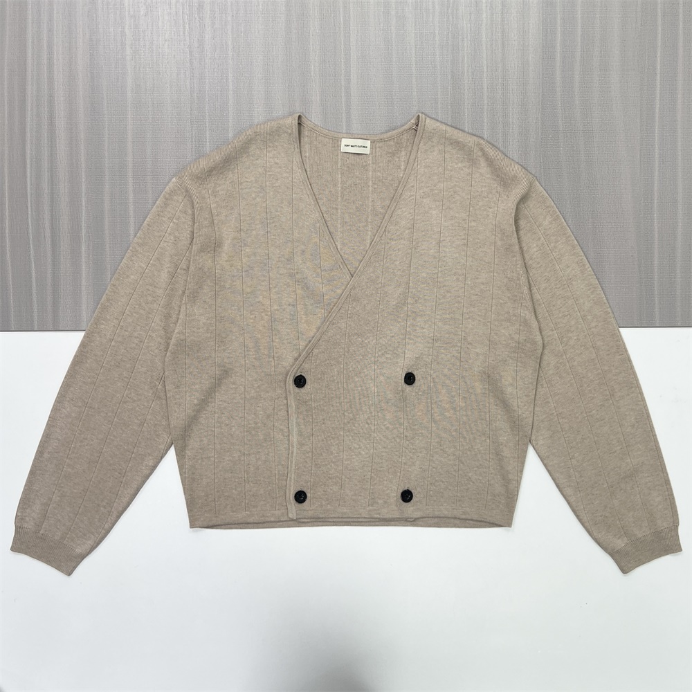 Женский бежевый двубортный кардиган в рубчик с запахом спереди - Изысканная повседневная одежда на заказ