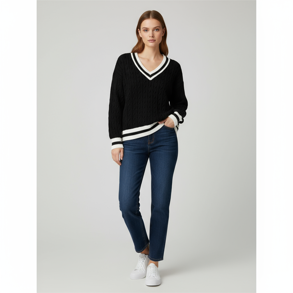 Женский черно-белый вязаный свитер с V-образным вырезом - стильная повседневная одежда на заказ