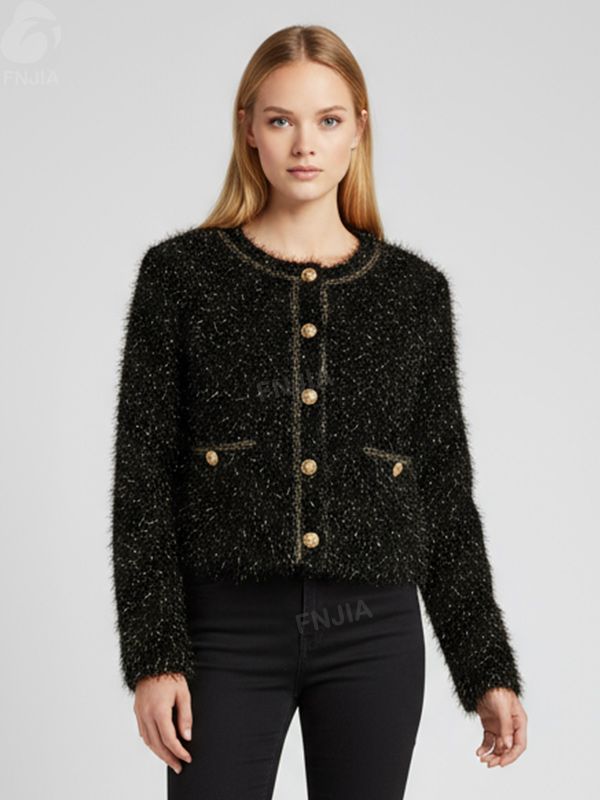 Женский черный укороченный кардиган из мохнатой вязки с золотыми пуговицами и отделкой
