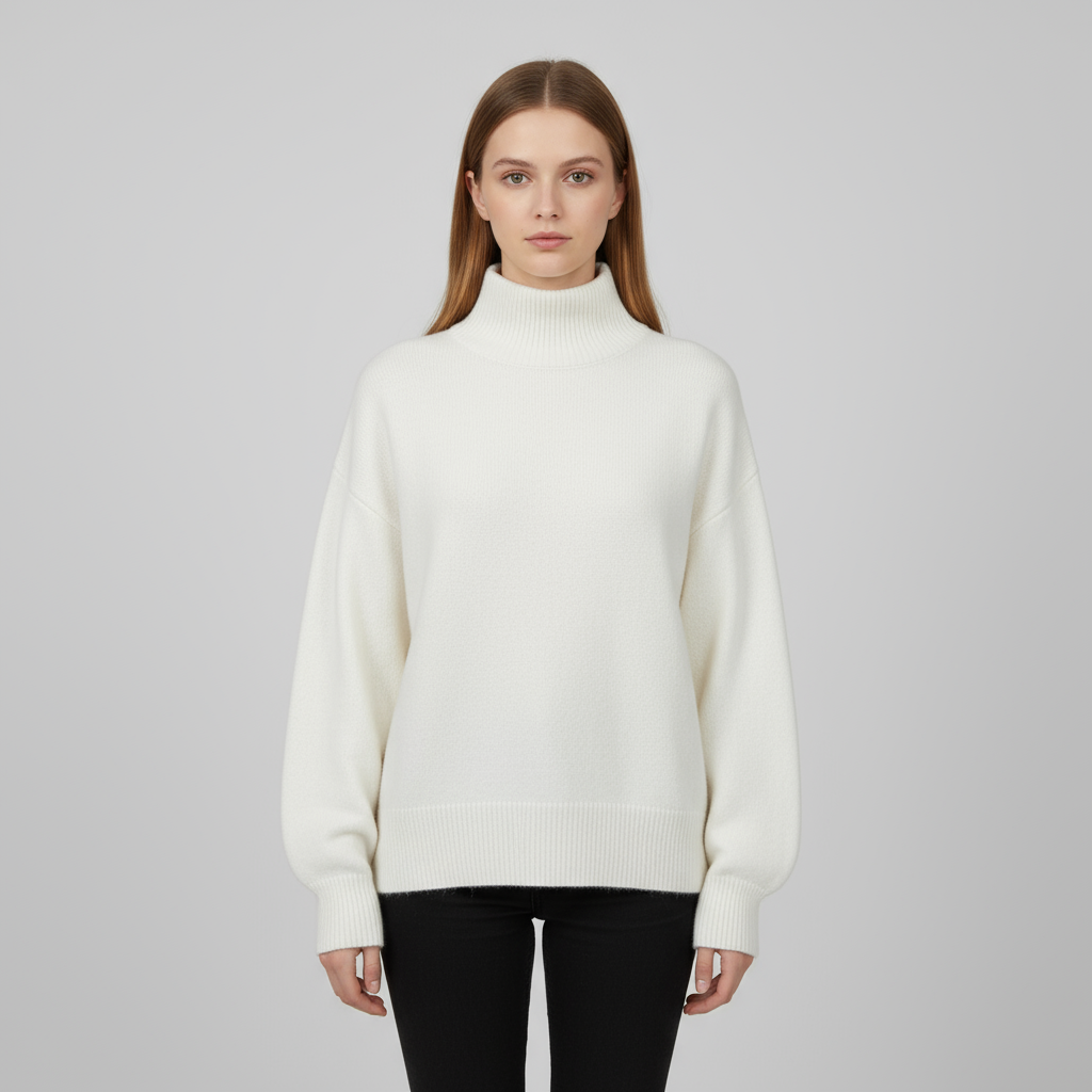 Женский свитер-водолазка оверсайз цвета слоновой кости с высоким воротом и пышными рукавами - удобная повседневная одежда на заказ