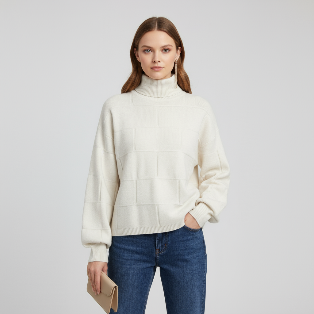 Женский свитер-водолазка оверсайз цвета слоновой кости с сетчатой текстурой - современная текстурированная одежда на заказ