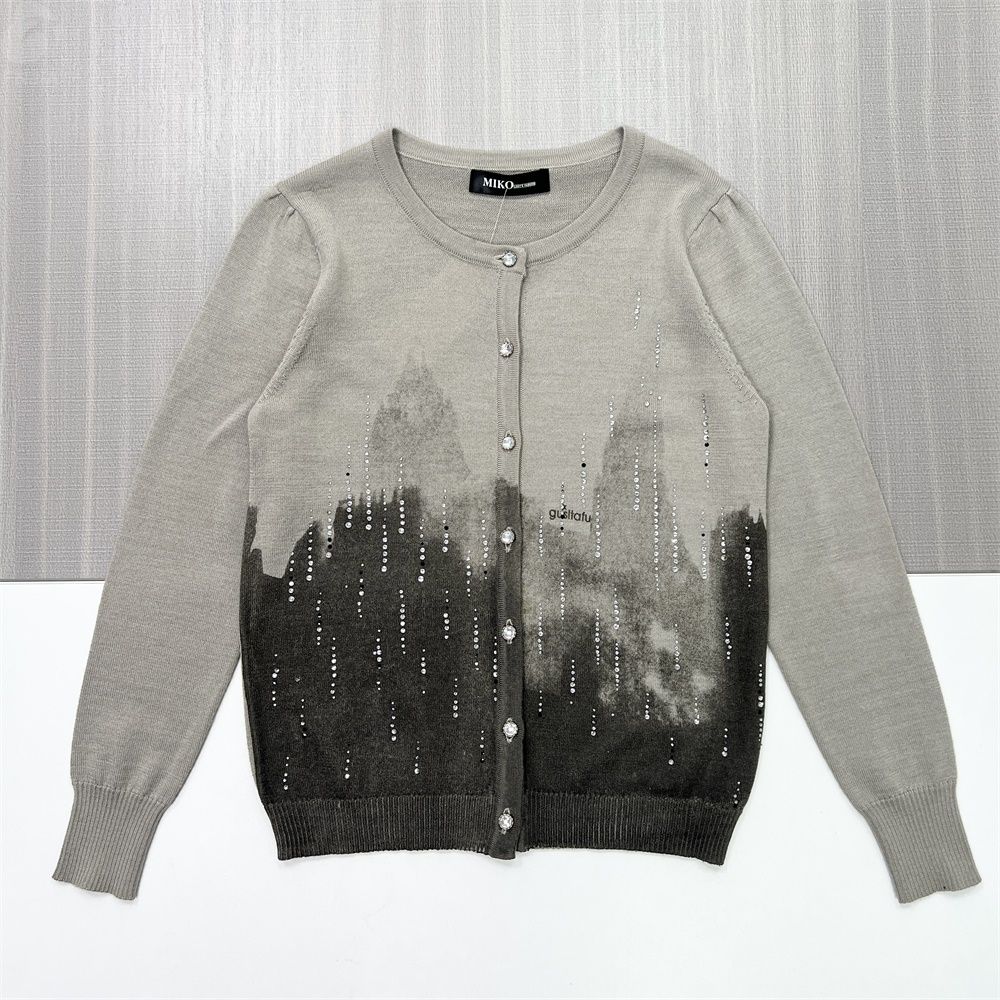Женский серый вязаный кардиган в стиле омбре, украшенный блестками, с хрустальными пуговицами