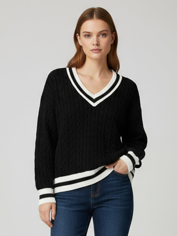 Женский черно-белый вязаный свитер с V-образным вырезом - стильная повседневная одежда на заказ
