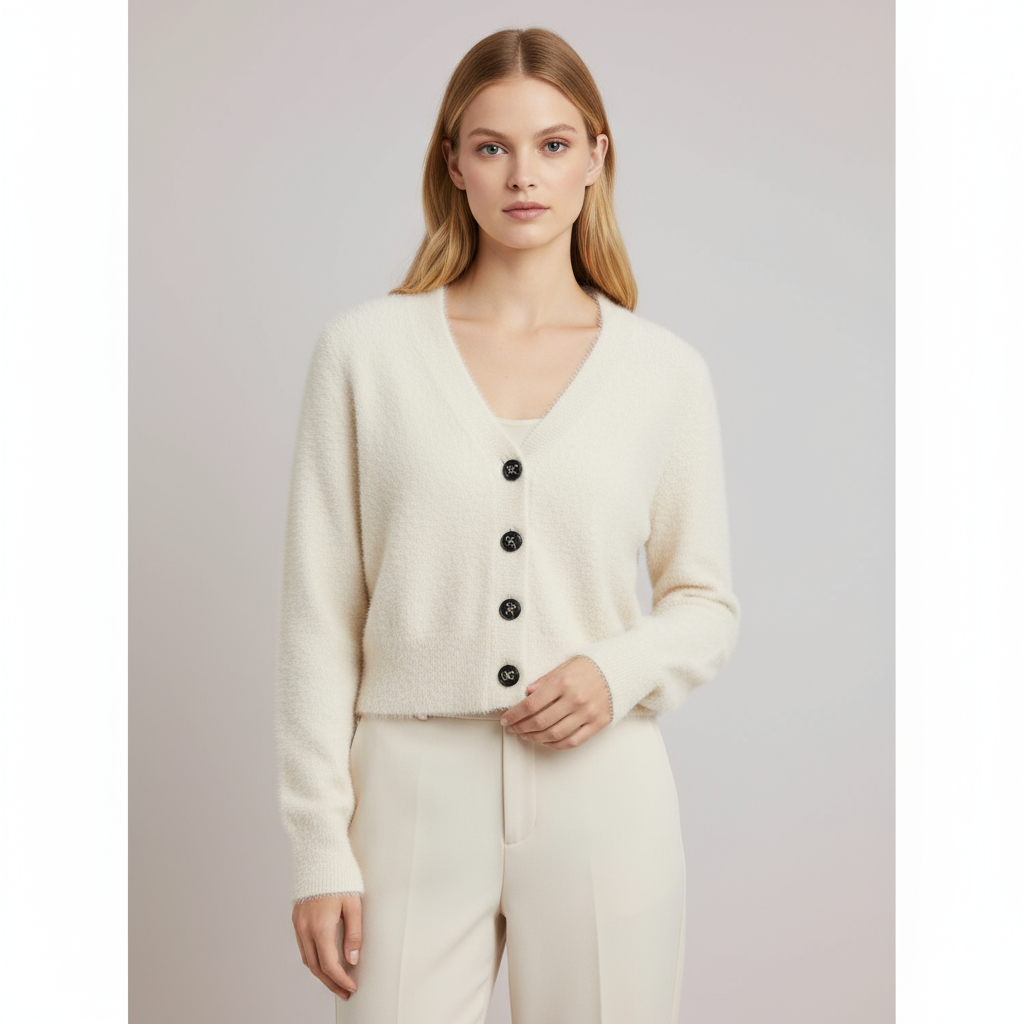 Женский кремовый укороченный вязаный кардиган с V-образным вырезом и ворсом - роскошная минималистичная одежда на заказ