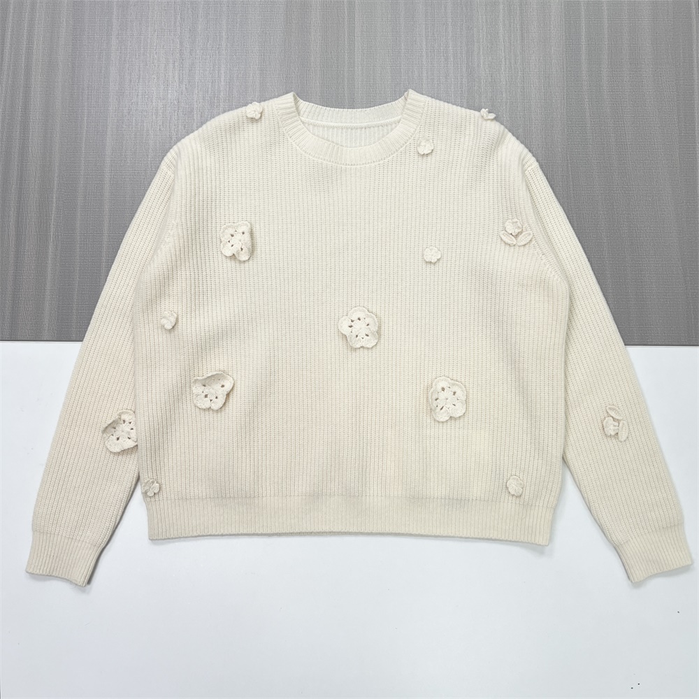 Женский свитер в рубчик цвета слоновой кости с 3D цветочными украшениями - женская повседневная одежда на заказ