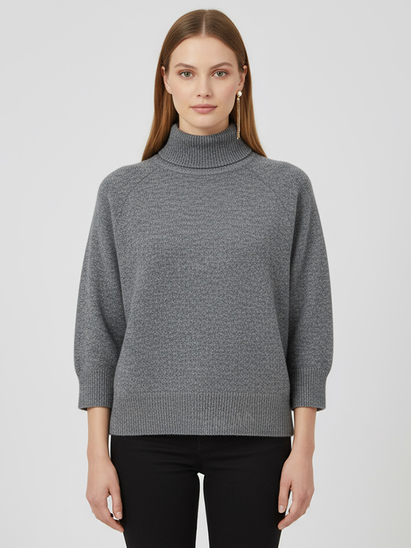 Женский серый свитер-водолазка оверсайз в полоску с высоким воротом и пышными рукавами 3/4 - современная повседневная одежда на заказ