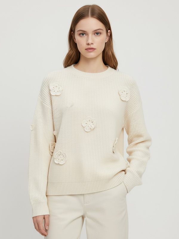 Женский свитер в рубчик цвета слоновой кости с 3D цветочными украшениями - женская повседневная одежда на заказ