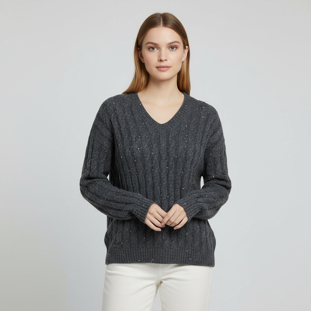 Женский свитер из блестящей вязки с V-образным вырезом цвета древесного угля - Элегантная повседневная одежда с блестками на заказ