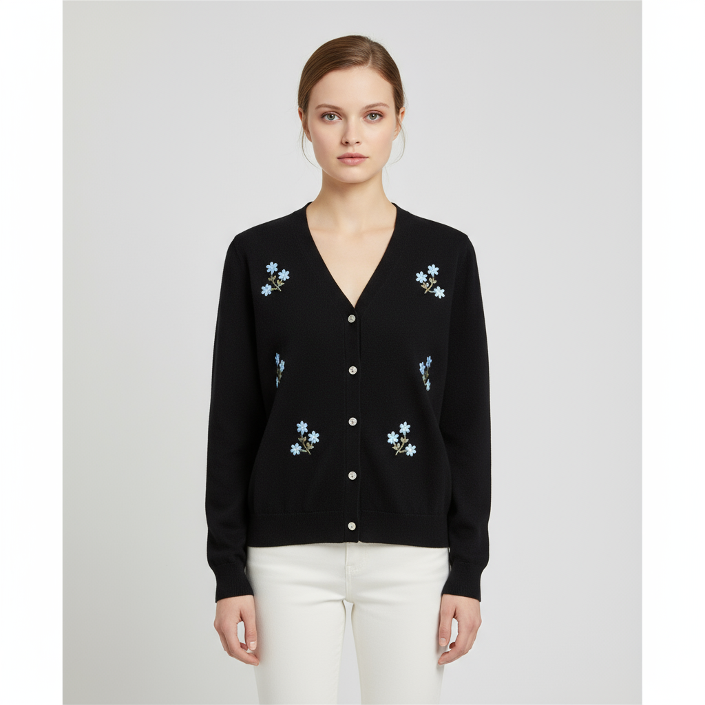 Женский черный вязаный кардиган с V-образным вырезом и светло-голубой цветочной вышивкой - Изысканная повседневная одежда на заказ