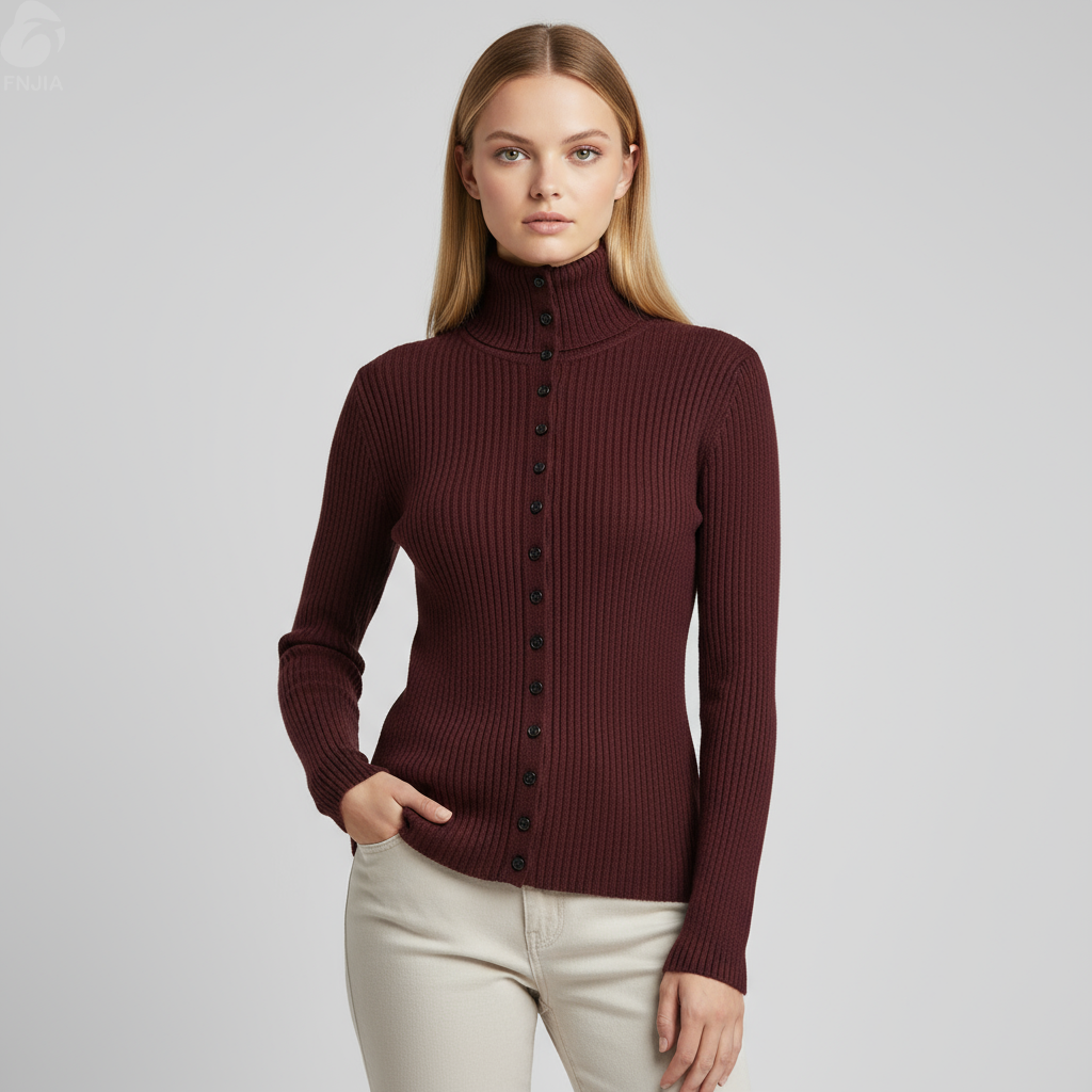 Женский кардиган-водолазка бордового цвета из трикотажа в рубчик с воротником-стойкой и пуговицами спереди - Элегантная повседневная одежда на заказ