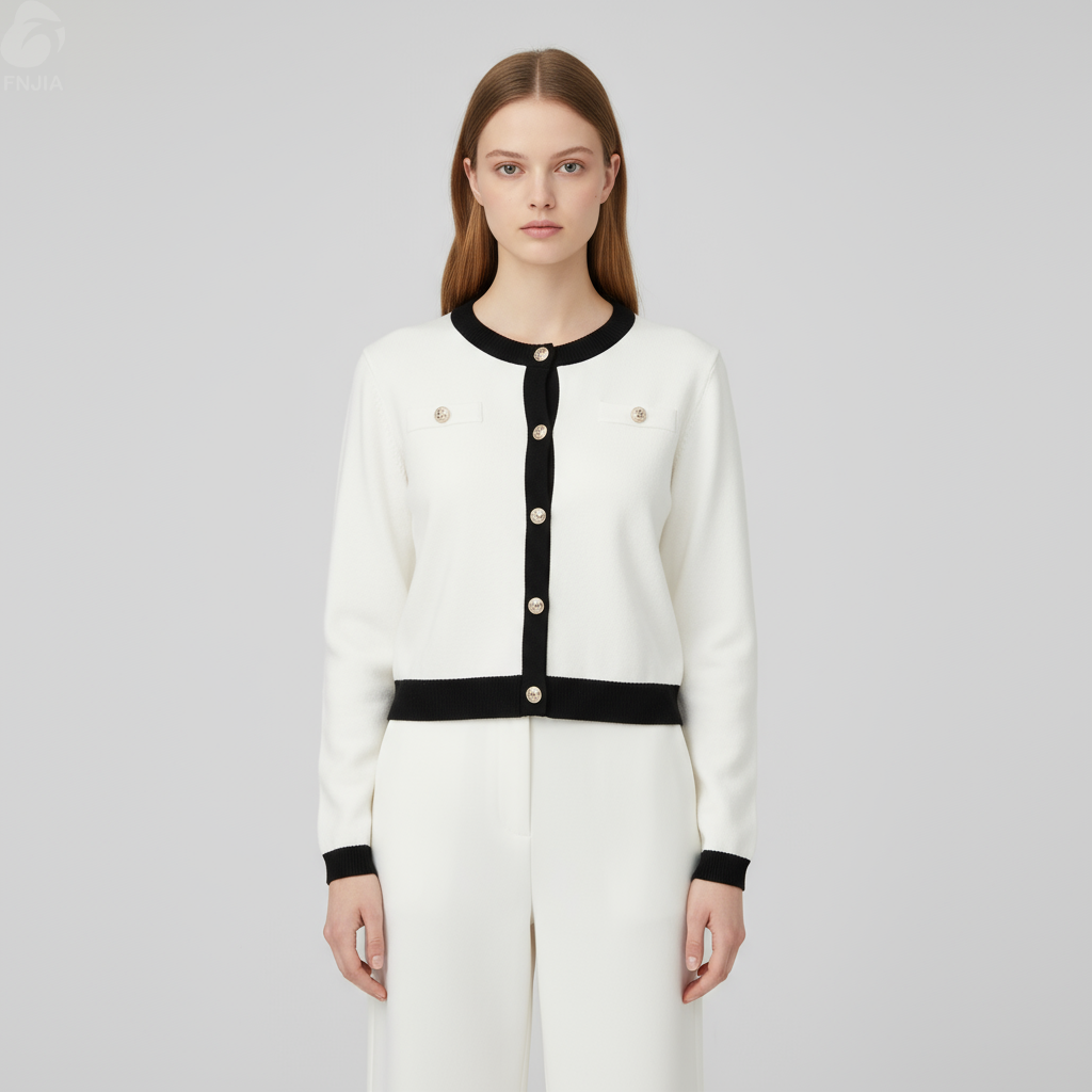 Женский вязаный кардиган с контрастной отделкой белого и черного цветов (в стиле Шанель) - Элегантная одежда для повседневного использования на заказ