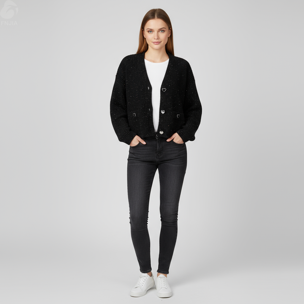 Женский укороченный кардиган из черного трикотажа в крапинку с пуговицами в форме сердца