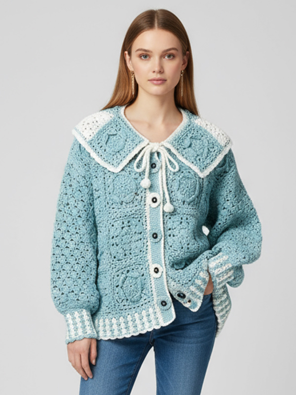 Женский вязаный кардиган мятно-зеленого цвета с воротником-стойкой и цветочными деталями - Винтажная одежда на заказ-Милая повседневная одежда