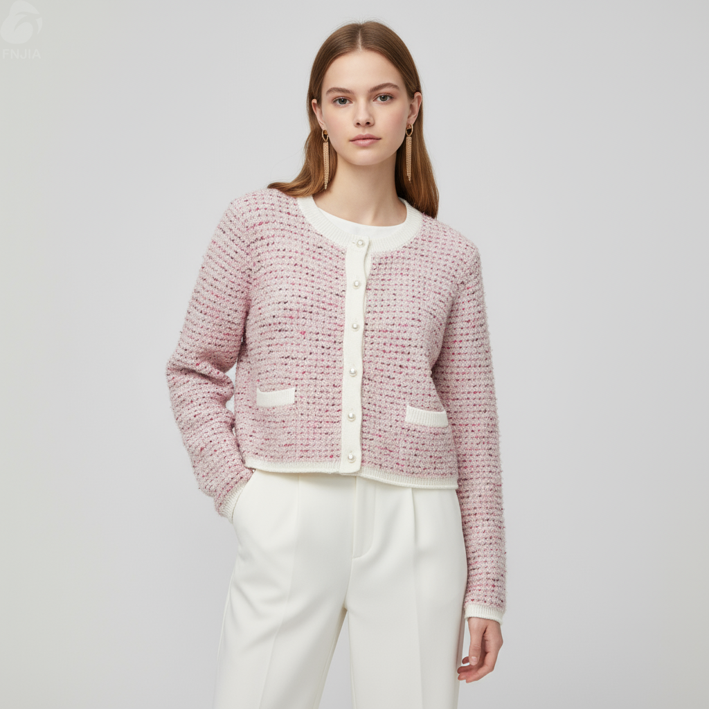Женский укороченный кардиган из розового твида с жемчужными пуговицами и контрастными карманами