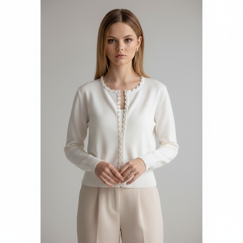 Женский белый вязаный кардиган с отделкой в виде жемчужного гребешка - Элегантная одежда в стиле минимализма на заказ
