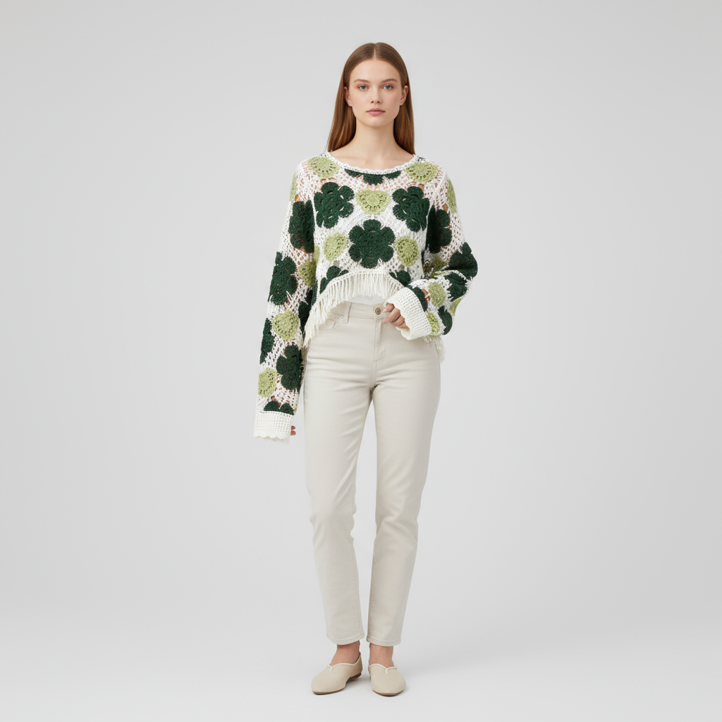 Женский вязаный свитер зеленого цвета и цвета слоновой кости с цветочной бахромой - Богемная мода на заказ-Повседневная одежда