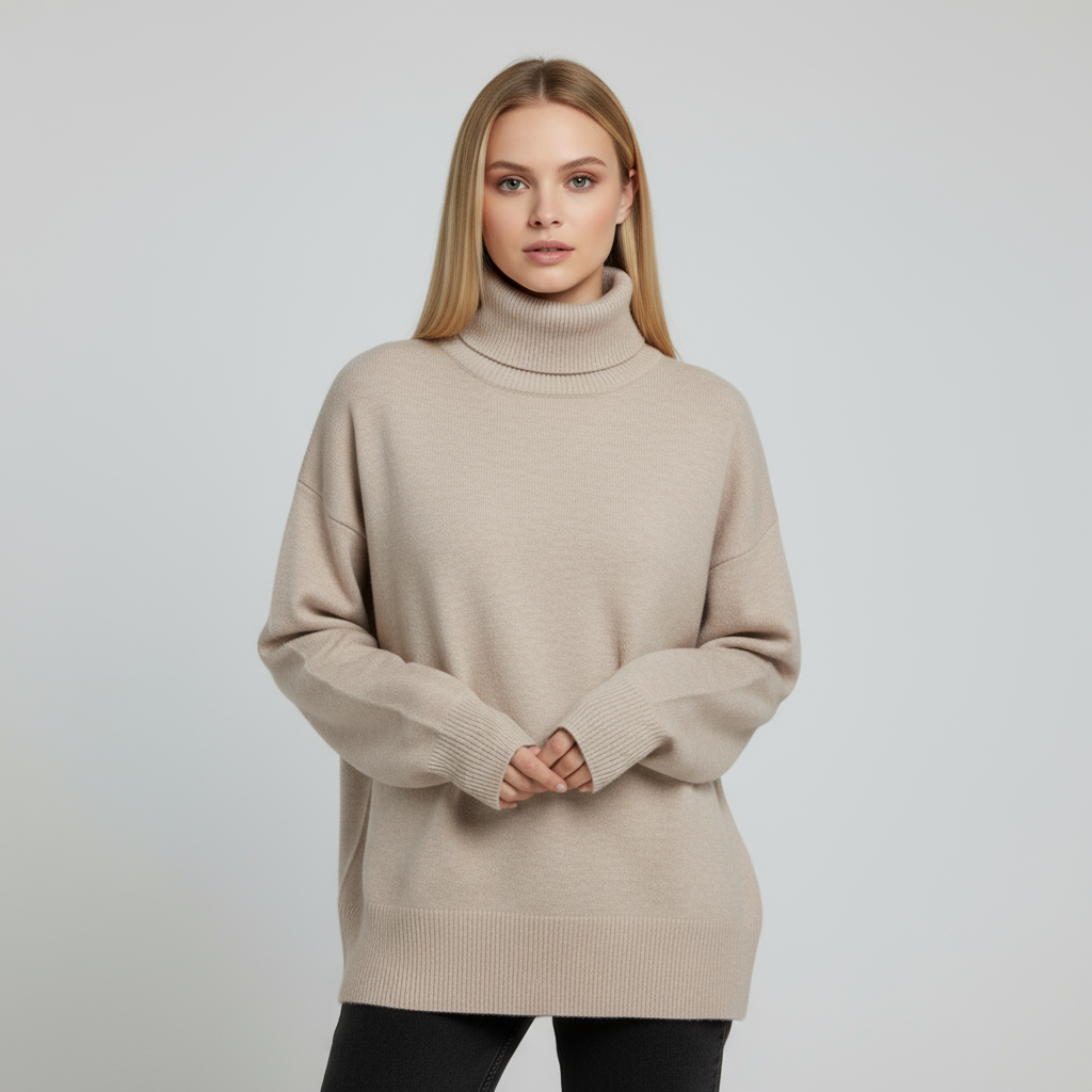 Женский бежевый свитер-водолазка оверсайз с высоким воротом - непринужденная повседневная одежда на заказ