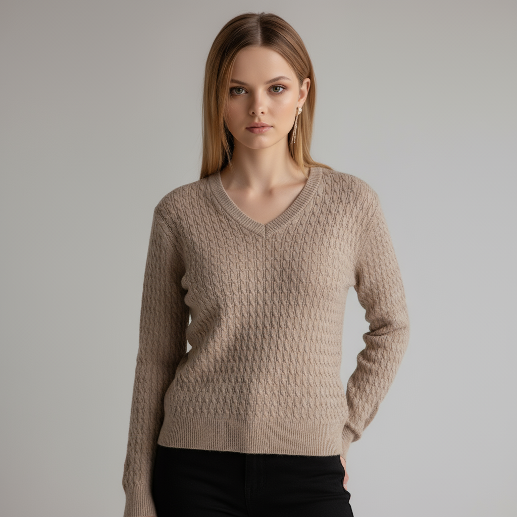 Женский бежевый вязаный свитер с V-образным вырезом и длинными рукавами - Стильная повседневная одежда с необычной текстурой