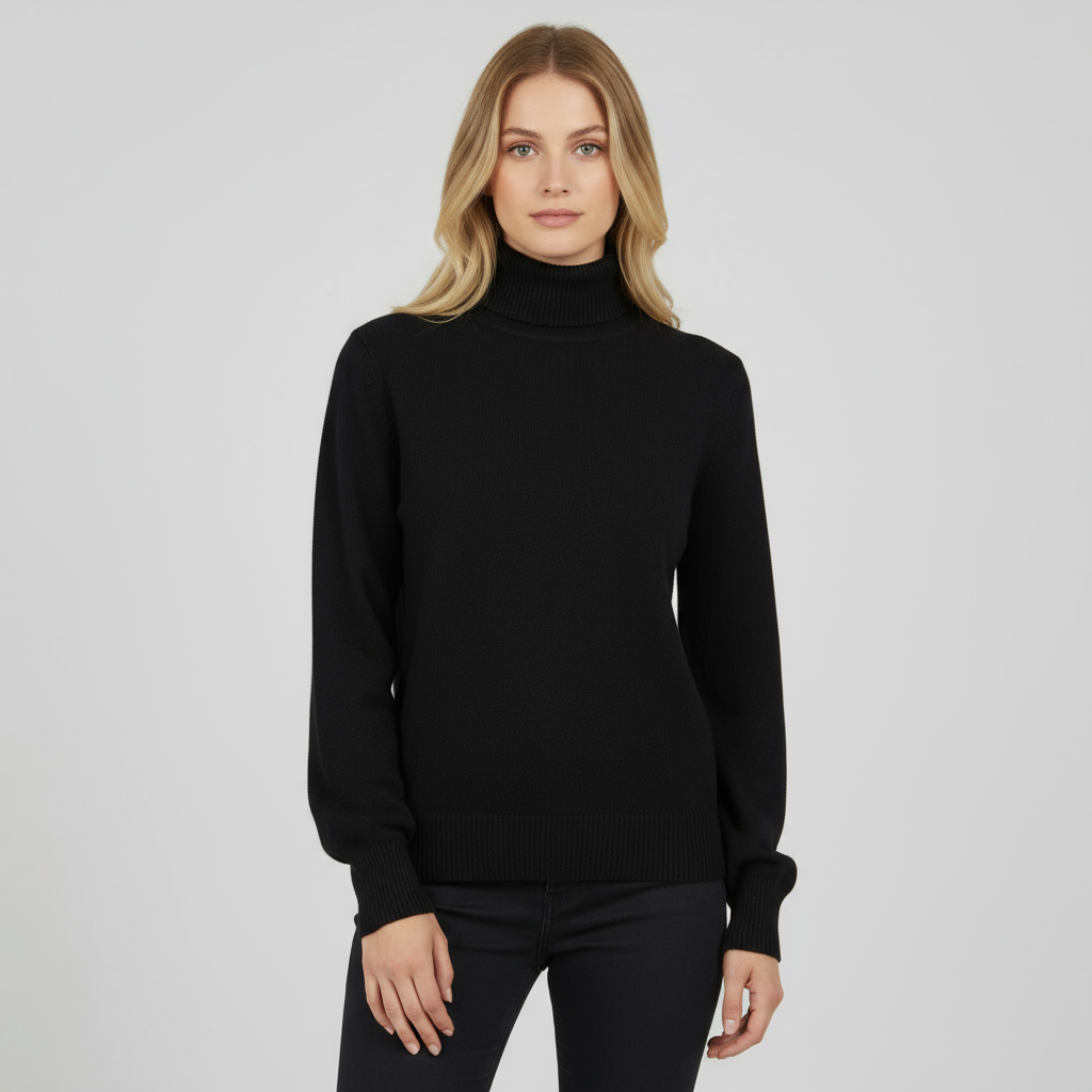 Женский черный свитер-водолазка свободного кроя с тонкой текстурой - Универсальная одежда в стиле минимализма