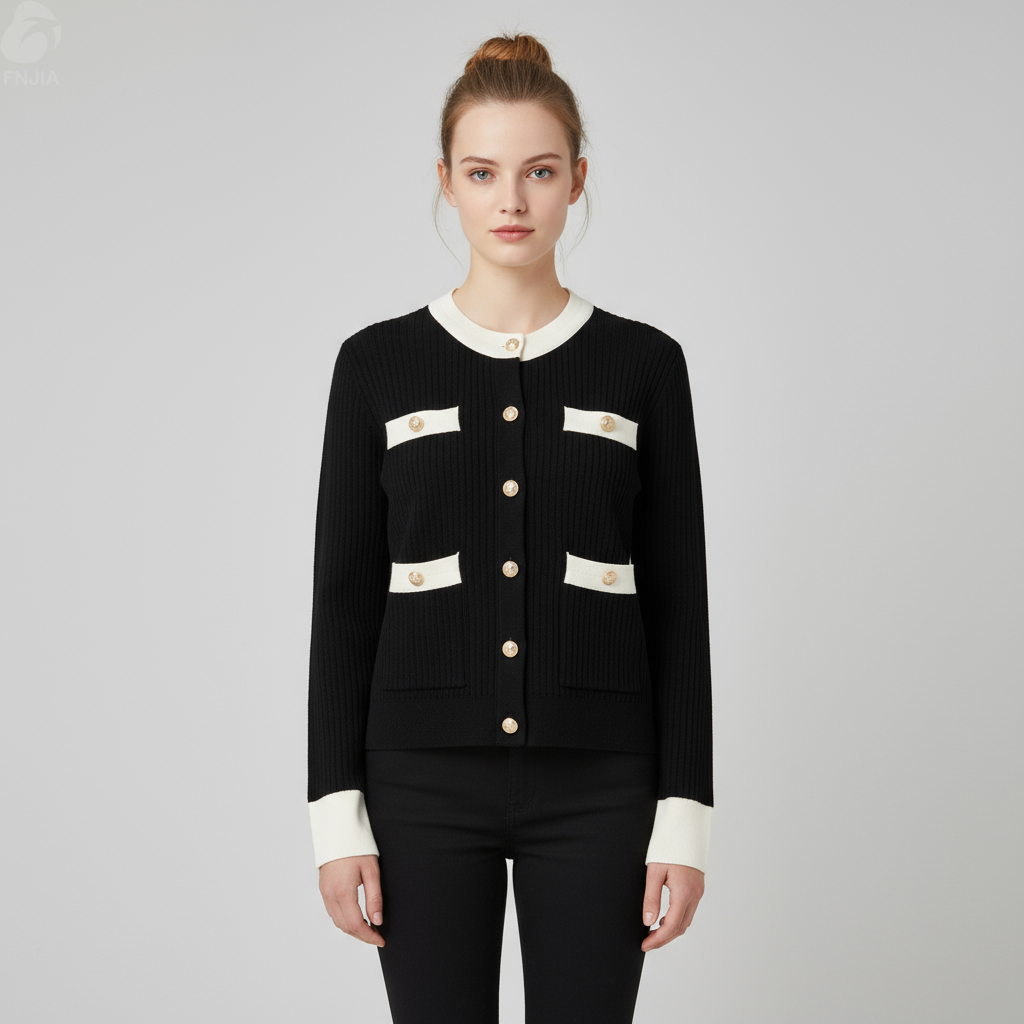 Женский кардиган из трикотажа в рубчик с контрастной отделкой черного и кремового цветов (в стиле Шанель) - Элегантная повседневная одежда на заказ