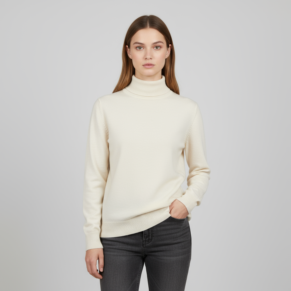 Женский приталенный свитер-водолазка цвета слоновой кости с воротником-стойкой - стильная одежда в стиле минимализма на заказ