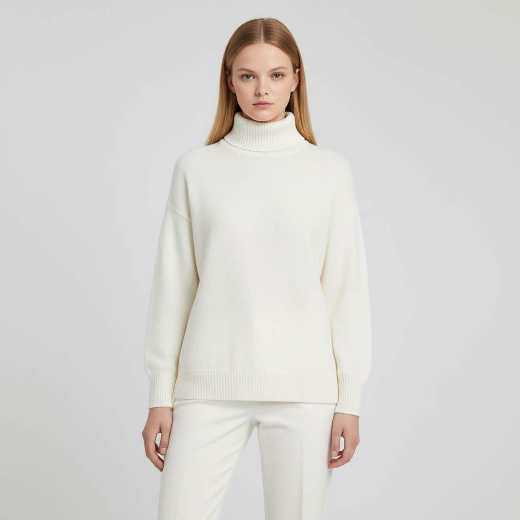 Женский свитер-водолазка оверсайз цвета слоновой кости с высоким воротом и пышными рукавами - Элегантная повседневная одежда на заказ