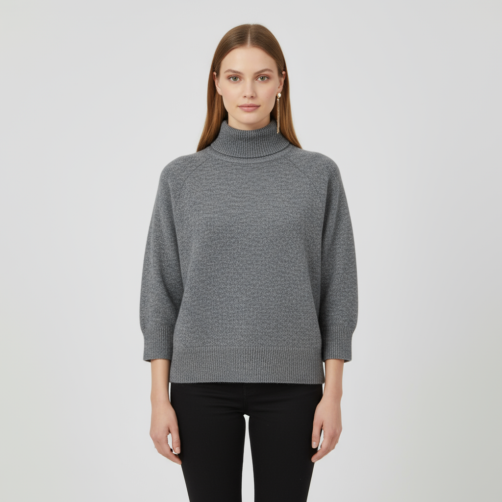 Женский серый свитер-водолазка оверсайз в полоску с высоким воротом и пышными рукавами 3/4 - современная повседневная одежда на заказ