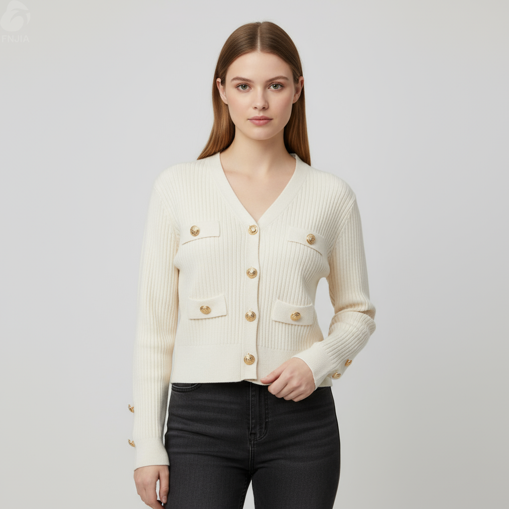 Женский укороченный кардиган из трикотажа в рубчик цвета слоновой кости с пуговицами и карманами, украшенными золотом