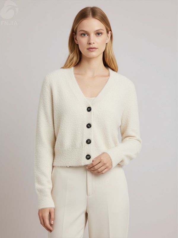 Женский кремовый укороченный вязаный кардиган с V-образным вырезом и ворсом - роскошная минималистичная одежда на заказ