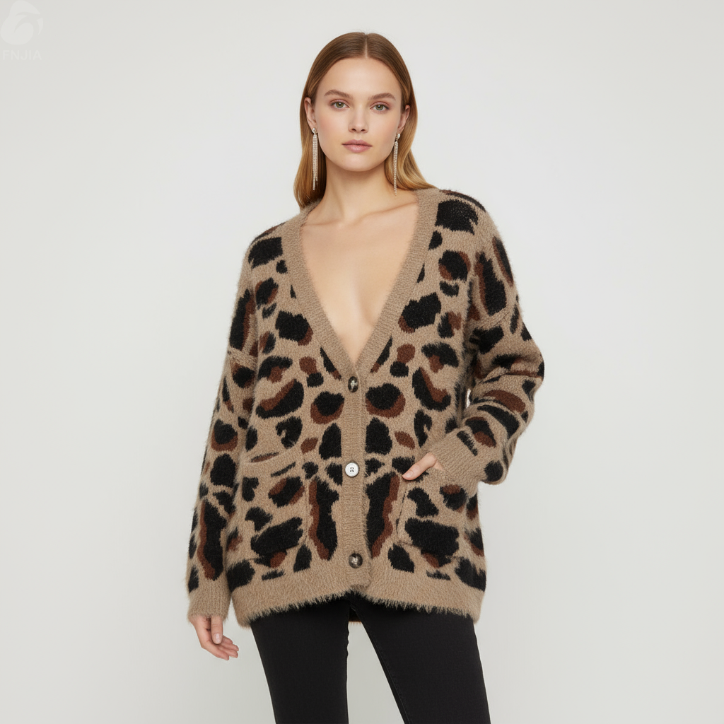 Женский пушистый кардиган с V-образным вырезом и леопардовым принтом - стильная повседневная одежда на заказ