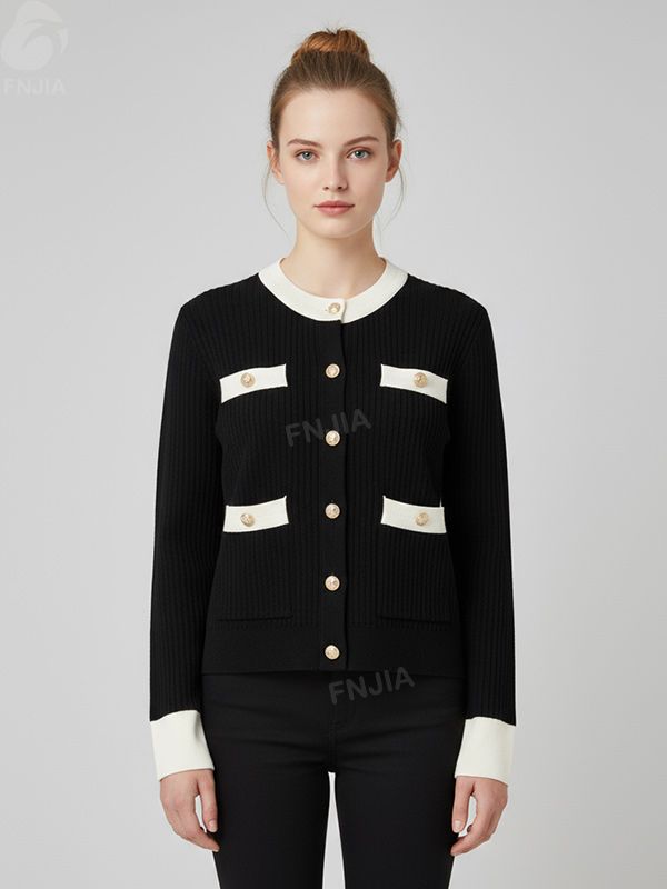 Женский кардиган из трикотажа в рубчик с контрастной отделкой черного и кремового цветов (в стиле Шанель) - Элегантная повседневная одежда на заказ