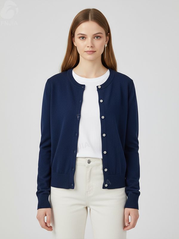 Женский темно-синий вязаный кардиган с круглым вырезом - Нестандартная одежда в стиле минимализма, неподвластная времени