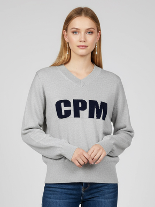 Женский светло-серый фирменный свитер с длинными рукавами и V-образным вырезом, украшенный индивидуальным логотипом, Повседневная одежда