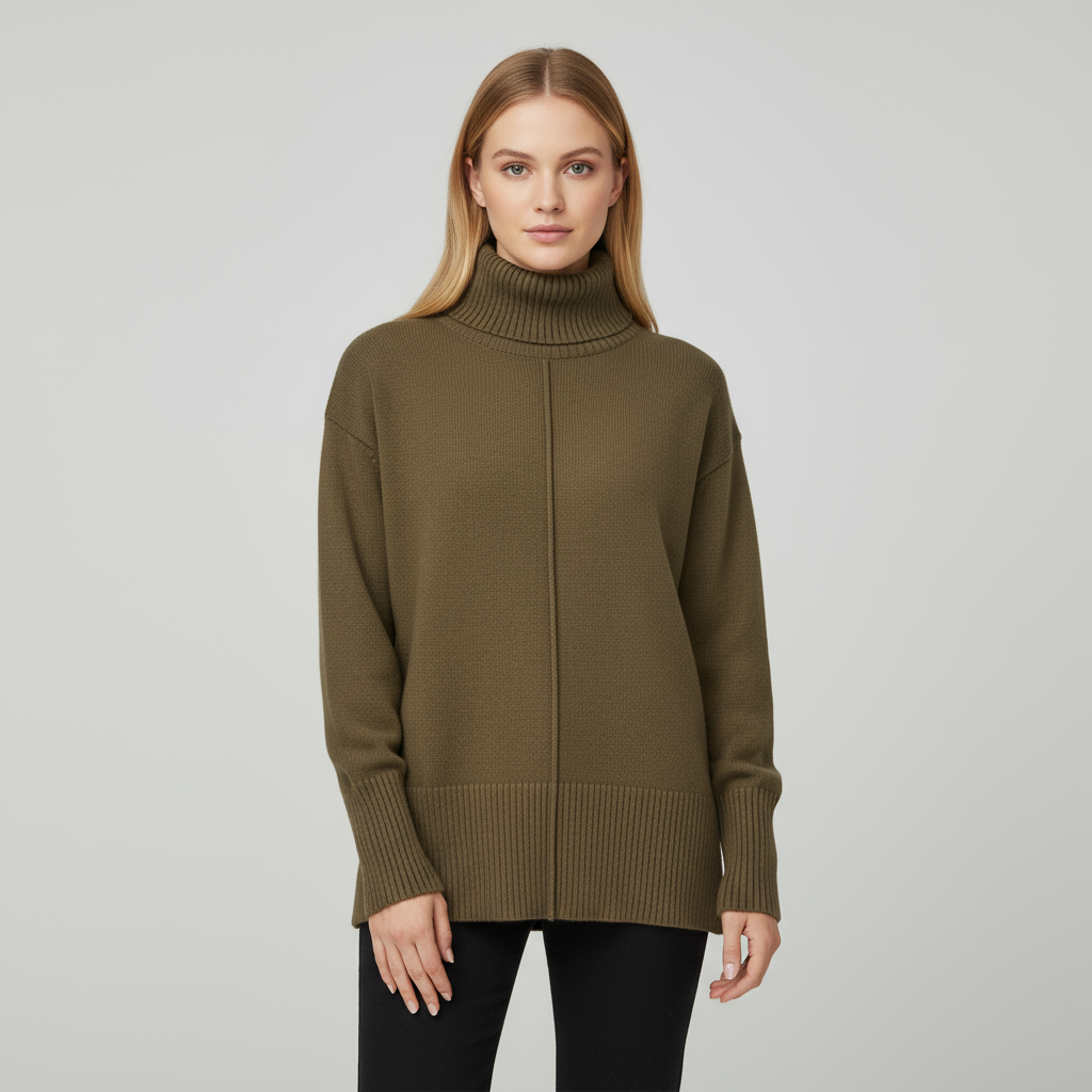 Женский свитер-водолазка оверсайз оливково-зеленого цвета с высоким воротом и центральным швом - современная повседневная одежда на заказ